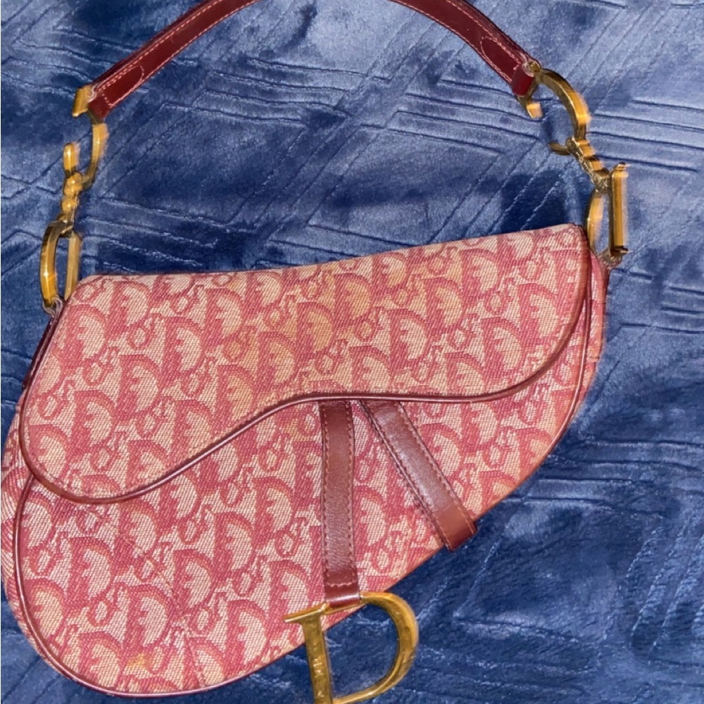CHRISTIAN DIOR Burgundy Canvas Logo Leather Trim Gold Shoulder Saddle Bag
